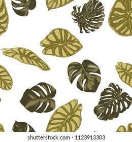 Tropical Leaves. Seamless Pattern with Hand Drawn Leaves of Monstera and Alocasia. Exotic Rapport for Textile, Fabric. Vector Seamless Background with Tropic Plants. Jungle Foliage. Watercolor Effect.