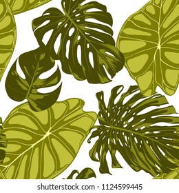Tropical Leaves. Seamless Pattern with Hand Drawn Leaves of Monstera and Alocasia. Exotic Rapport for Textile, Fabric. Vector Seamless Background with Tropic Plants. Jungle Foliage. Watercolor Effect.