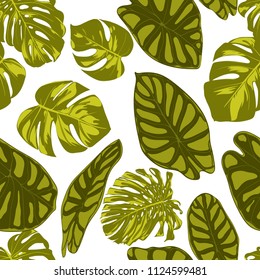 Tropical Leaves. Seamless Pattern with Hand Drawn Leaves of Monstera and Alocasia. Exotic Rapport for Textile, Fabric. Vector Seamless Background with Tropic Plants. Jungle Foliage. Watercolor Effect.