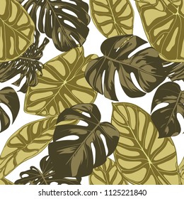 Tropical Leaves. Seamless Pattern with Hand Drawn Leaves of Monstera and Alocasia. Exotic Rapport for Textile, Fabric. Vector Seamless Background with Tropic Plants. Jungle Foliage. Watercolor Effect.