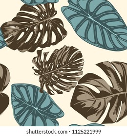 Tropical Leaves. Seamless Pattern with Hand Drawn Leaves of Monstera and Alocasia. Exotic Rapport for Textile, Fabric. Vector Seamless Background with Tropic Plants. Jungle Foliage. Watercolor Effect.