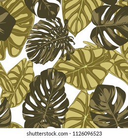 Tropical Leaves. Seamless Pattern with Hand Drawn Leaves of Monstera and Alocasia. Exotic Rapport for Textile, Fabric. Vector Seamless Background with Tropic Plants. Jungle Foliage. Watercolor Effect.