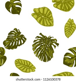 Tropical Leaves. Seamless Pattern with Hand Drawn Leaves of Monstera and Alocasia. Exotic Rapport for Textile, Fabric. Vector Seamless Background with Tropic Plants. Jungle Foliage. Watercolor Effect.