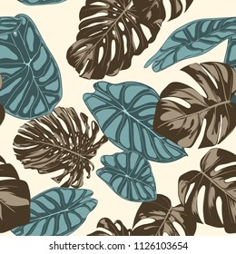Tropical Leaves. Seamless Pattern with Hand Drawn Leaves of Monstera and Alocasia. Exotic Rapport for Textile, Fabric. Vector Seamless Background with Tropic Plants. Jungle Foliage. Watercolor Effect.