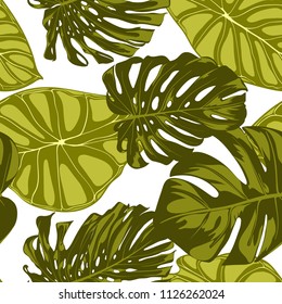 Tropical Leaves. Seamless Pattern with Hand Drawn Leaves of Monstera and Alocasia. Exotic Rapport for Textile, Fabric. Vector Seamless Background with Tropic Plants. Jungle Foliage. Watercolor Effect.