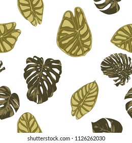 Tropical Leaves. Seamless Pattern with Hand Drawn Leaves of Monstera and Alocasia. Exotic Rapport for Textile, Fabric. Vector Seamless Background with Tropic Plants. Jungle Foliage. Watercolor Effect.