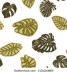 Tropical Leaves. Seamless Pattern with Hand Drawn Leaves of Monstera and Alocasia. Exotic Rapport for Textile, Fabric. Vector Seamless Background with Tropic Plants. Jungle Foliage. Watercolor Effect.