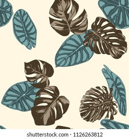 Tropical Leaves. Seamless Pattern with Hand Drawn Leaves of Monstera and Alocasia. Exotic Rapport for Textile, Fabric. Vector Seamless Background with Tropic Plants. Jungle Foliage. Watercolor Effect.