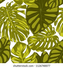 Tropical Leaves. Seamless Pattern with Hand Drawn Leaves of Monstera and Alocasia. Exotic Rapport for Textile, Fabric. Vector Seamless Background with Tropic Plants. Jungle Foliage. Watercolor Effect.