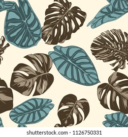 Tropical Leaves. Seamless Pattern with Hand Drawn Leaves of Monstera and Alocasia. Exotic Rapport for Textile, Fabric. Vector Seamless Background with Tropic Plants. Jungle Foliage. Watercolor Effect.
