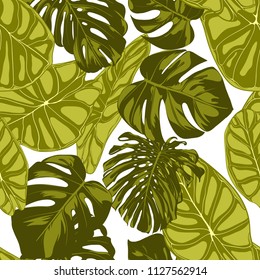 Tropical Leaves. Seamless Pattern with Hand Drawn Leaves of Monstera and Alocasia. Exotic Rapport for Textile, Fabric. Vector Seamless Background with Tropic Plants. Jungle Foliage. Watercolor Effect.