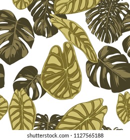 Tropical Leaves. Seamless Pattern with Hand Drawn Leaves of Monstera and Alocasia. Exotic Rapport for Textile, Fabric. Vector Seamless Background with Tropic Plants. Jungle Foliage. Watercolor Effect.