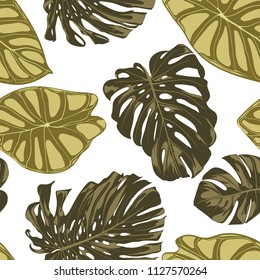Tropical Leaves. Seamless Pattern with Hand Drawn Leaves of Monstera and Alocasia. Exotic Rapport for Textile, Fabric. Vector Seamless Background with Tropic Plants. Jungle Foliage. Watercolor Effect.
