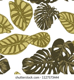 Tropical Leaves. Seamless Pattern with Hand Drawn Leaves of Monstera and Alocasia. Exotic Rapport for Textile, Fabric. Vector Seamless Background with Tropic Plants. Jungle Foliage. Watercolor Effect.