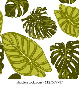 Tropical Leaves. Seamless Pattern with Hand Drawn Leaves of Monstera and Alocasia. Exotic Rapport for Textile, Fabric. Vector Seamless Background with Tropic Plants. Jungle Foliage. Watercolor Effect.