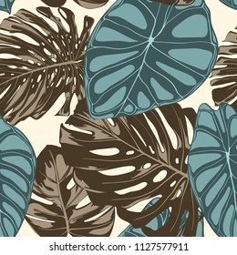 Tropical Leaves. Seamless Pattern with Hand Drawn Leaves of Monstera and Alocasia. Exotic Rapport for Textile, Fabric. Vector Seamless Background with Tropic Plants. Jungle Foliage. Watercolor Effect.