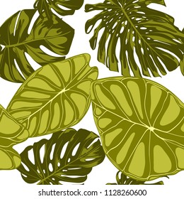 Tropical Leaves. Seamless Pattern with Hand Drawn Leaves of Monstera and Alocasia. Exotic Rapport for Textile, Fabric. Vector Seamless Background with Tropic Plants. Jungle Foliage. Watercolor Effect.