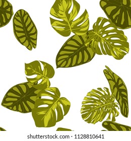 Tropical Leaves. Seamless Pattern with Hand Drawn Leaves of Monstera and Alocasia. Exotic Rapport for Textile, Fabric. Vector Seamless Background with Tropic Plants. Jungle Foliage. Watercolor Effect.
