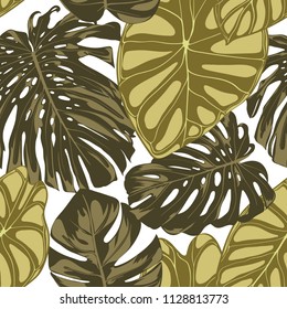 Tropical Leaves. Seamless Pattern with Hand Drawn Leaves of Monstera and Alocasia. Exotic Rapport for Textile, Fabric. Vector Seamless Background with Tropic Plants. Jungle Foliage. Watercolor Effect.