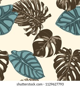 Tropical Leaves. Seamless Pattern with Hand Drawn Leaves of Monstera and Alocasia. Exotic Rapport for Textile, Fabric. Vector Seamless Background with Tropic Plants. Jungle Foliage. Watercolor Effect.