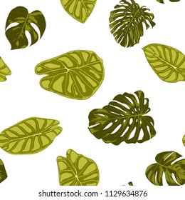 Tropical Leaves. Seamless Pattern with Hand Drawn Leaves of Monstera and Alocasia. Exotic Rapport for Textile, Fabric. Vector Seamless Background with Tropic Plants. Jungle Foliage. Watercolor Effect.