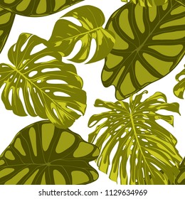 Tropical Leaves. Seamless Pattern with Hand Drawn Leaves of Monstera and Alocasia. Exotic Rapport for Textile, Fabric. Vector Seamless Background with Tropic Plants. Jungle Foliage. Watercolor Effect.