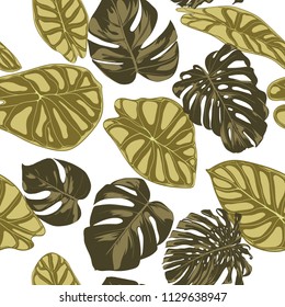 Tropical Leaves. Seamless Pattern with Hand Drawn Leaves of Monstera and Alocasia. Exotic Rapport for Textile, Fabric. Vector Seamless Background with Tropic Plants. Jungle Foliage. Watercolor Effect.
