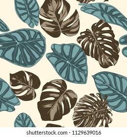 Tropical Leaves. Seamless Pattern with Hand Drawn Leaves of Monstera and Alocasia. Exotic Rapport for Textile, Fabric. Vector Seamless Background with Tropic Plants. Jungle Foliage. Watercolor Effect.