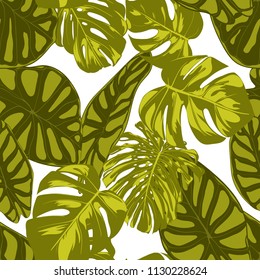 Tropical Leaves. Seamless Pattern with Hand Drawn Leaves of Monstera and Alocasia. Exotic Rapport for Textile, Fabric. Vector Seamless Background with Tropic Plants. Jungle Foliage. Watercolor Effect.
