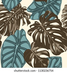 Tropical Leaves. Seamless Pattern with Hand Drawn Leaves of Monstera and Alocasia. Exotic Rapport for Textile, Fabric. Vector Seamless Background with Tropic Plants. Jungle Foliage. Watercolor Effect.