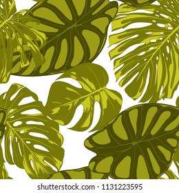 Tropical Leaves. Seamless Pattern with Hand Drawn Leaves of Monstera and Alocasia. Exotic Rapport for Textile, Fabric. Vector Seamless Background with Tropic Plants. Jungle Foliage. Watercolor Effect.