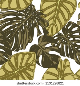 Tropical Leaves. Seamless Pattern with Hand Drawn Leaves of Monstera and Alocasia. Exotic Rapport for Textile, Fabric. Vector Seamless Background with Tropic Plants. Jungle Foliage. Watercolor Effect.