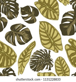 Tropical Leaves. Seamless Pattern with Hand Drawn Leaves of Monstera and Alocasia. Exotic Rapport for Textile, Fabric. Vector Seamless Background with Tropic Plants. Jungle Foliage. Watercolor Effect.
