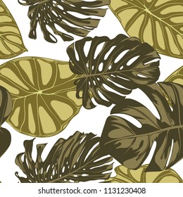 Tropical Leaves. Seamless Pattern with Hand Drawn Leaves of Monstera and Alocasia. Exotic Rapport for Textile, Fabric. Vector Seamless Background with Tropic Plants. Jungle Foliage. Watercolor Effect.