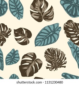 Tropical Leaves. Seamless Pattern with Hand Drawn Leaves of Monstera and Alocasia. Exotic Rapport for Textile, Fabric. Vector Seamless Background with Tropic Plants. Jungle Foliage. Watercolor Effect.