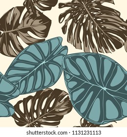 Tropical Leaves. Seamless Pattern with Hand Drawn Leaves of Monstera and Alocasia. Exotic Rapport for Textile, Fabric. Vector Seamless Background with Tropic Plants. Jungle Foliage. Watercolor Effect.