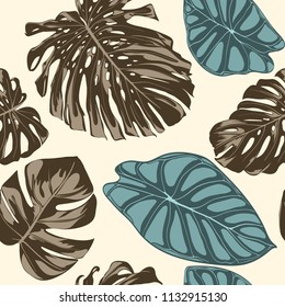Tropical Leaves. Seamless Pattern with Hand Drawn Leaves of Monstera and Alocasia. Exotic Rapport for Textile, Fabric. Vector Seamless Background with Tropic Plants. Jungle Foliage. Watercolor Effect.