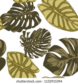 Tropical Leaves. Seamless Pattern with Hand Drawn Leaves of Monstera and Alocasia. Exotic Rapport for Textile, Fabric. Vector Seamless Background with Tropic Plants. Jungle Foliage. Watercolor Effect.