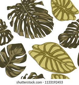 Tropical Leaves. Seamless Pattern with Hand Drawn Leaves of Monstera and Alocasia. Exotic Rapport for Textile, Fabric. Vector Seamless Background with Tropic Plants. Jungle Foliage. Watercolor Effect.