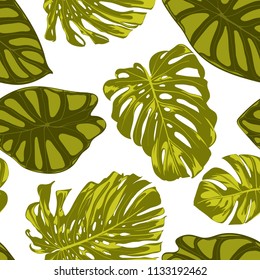 Tropical Leaves. Seamless Pattern with Hand Drawn Leaves of Monstera and Alocasia. Exotic Rapport for Textile, Fabric. Vector Seamless Background with Tropic Plants. Jungle Foliage. Watercolor Effect.