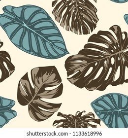 Tropical Leaves. Seamless Pattern with Hand Drawn Leaves of Monstera and Alocasia. Exotic Rapport for Textile, Fabric. Vector Seamless Background with Tropic Plants. Jungle Foliage. Watercolor Effect.