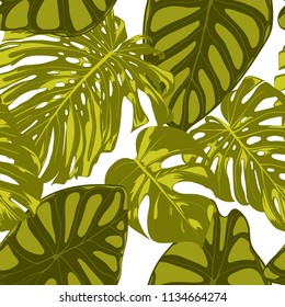 Tropical Leaves. Seamless Pattern with Hand Drawn Leaves of Monstera and Alocasia. Exotic Rapport for Textile, Fabric. Vector Seamless Background with Tropic Plants. Jungle Foliage. Watercolor Effect.