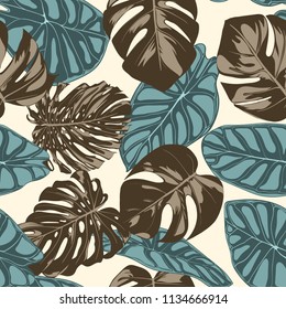 Tropical Leaves. Seamless Pattern with Hand Drawn Leaves of Monstera and Alocasia. Exotic Rapport for Textile, Fabric. Vector Seamless Background with Tropic Plants. Jungle Foliage. Watercolor Effect.