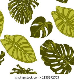 Tropical Leaves. Seamless Pattern with Hand Drawn Leaves of Monstera and Alocasia. Exotic Rapport for Textile, Fabric. Vector Seamless Background with Tropic Plants. Jungle Foliage. Watercolor Effect.