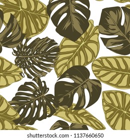 Tropical Leaves. Seamless Pattern with Hand Drawn Leaves of Monstera and Alocasia. Exotic Rapport for Textile, Fabric. Vector Seamless Background with Tropic Plants. Jungle Foliage. Watercolor Effect.