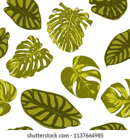 Tropical Leaves. Seamless Pattern with Hand Drawn Leaves of Monstera and Alocasia. Exotic Rapport for Textile, Fabric. Vector Seamless Background with Tropic Plants. Jungle Foliage. Watercolor Effect.