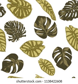 Tropical Leaves. Seamless Pattern with Hand Drawn Leaves of Monstera and Alocasia. Exotic Rapport for Textile, Fabric. Vector Seamless Background with Tropic Plants. Jungle Foliage. Watercolor Effect.