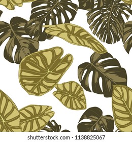 Tropical Leaves. Seamless Pattern with Hand Drawn Leaves of Monstera and Alocasia. Exotic Rapport for Textile, Fabric. Vector Seamless Background with Tropic Plants. Jungle Foliage. Watercolor Effect.