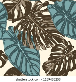 Tropical Leaves. Seamless Pattern with Hand Drawn Leaves of Monstera and Alocasia. Exotic Rapport for Textile, Fabric. Vector Seamless Background with Tropic Plants. Jungle Foliage. Watercolor Effect.