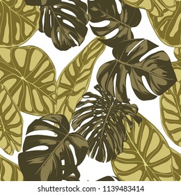 Tropical Leaves. Seamless Pattern with Hand Drawn Leaves of Monstera and Alocasia. Exotic Rapport for Textile, Fabric. Vector Seamless Background with Tropic Plants. Jungle Foliage. Watercolor Effect.